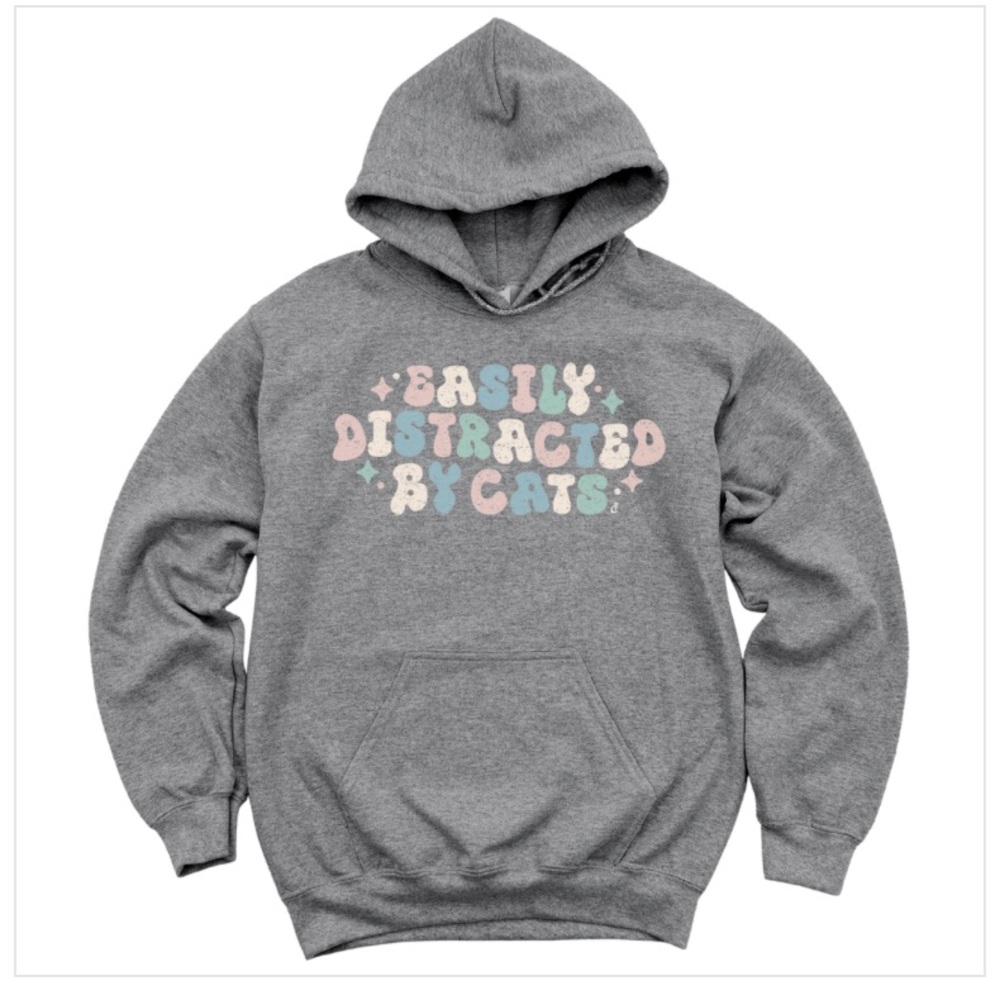 CatLady “Easily Distracted By Cats” Grey Sweatshirt Hoodie with Strings Small